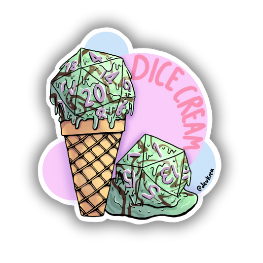 Dicecream Sticker | 3" | Deviant Kreations - Deviantkreations - art, cute, d20, devkrea, dice, icecream, laptop, skateboard, sticker, Stickers, TTRPG, waterbottle
