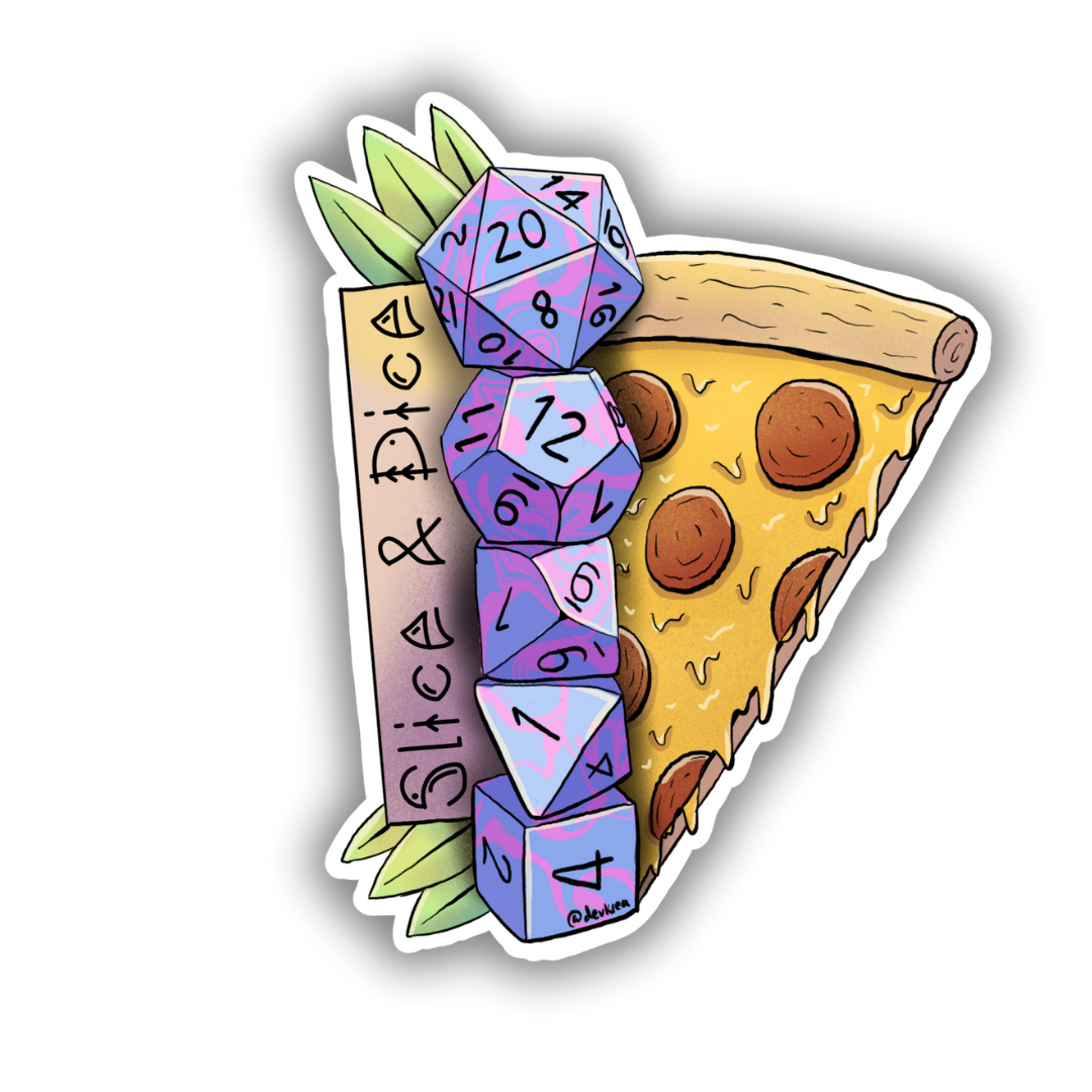 Slice and Dice Sticker | 3" | DevKrea - Deviantkreations - cool, cute, devkrea, dice, gift, laptop, pizza, pun, skateboard, sticker, Stickers, TTRPG, vinyl, waterbottle