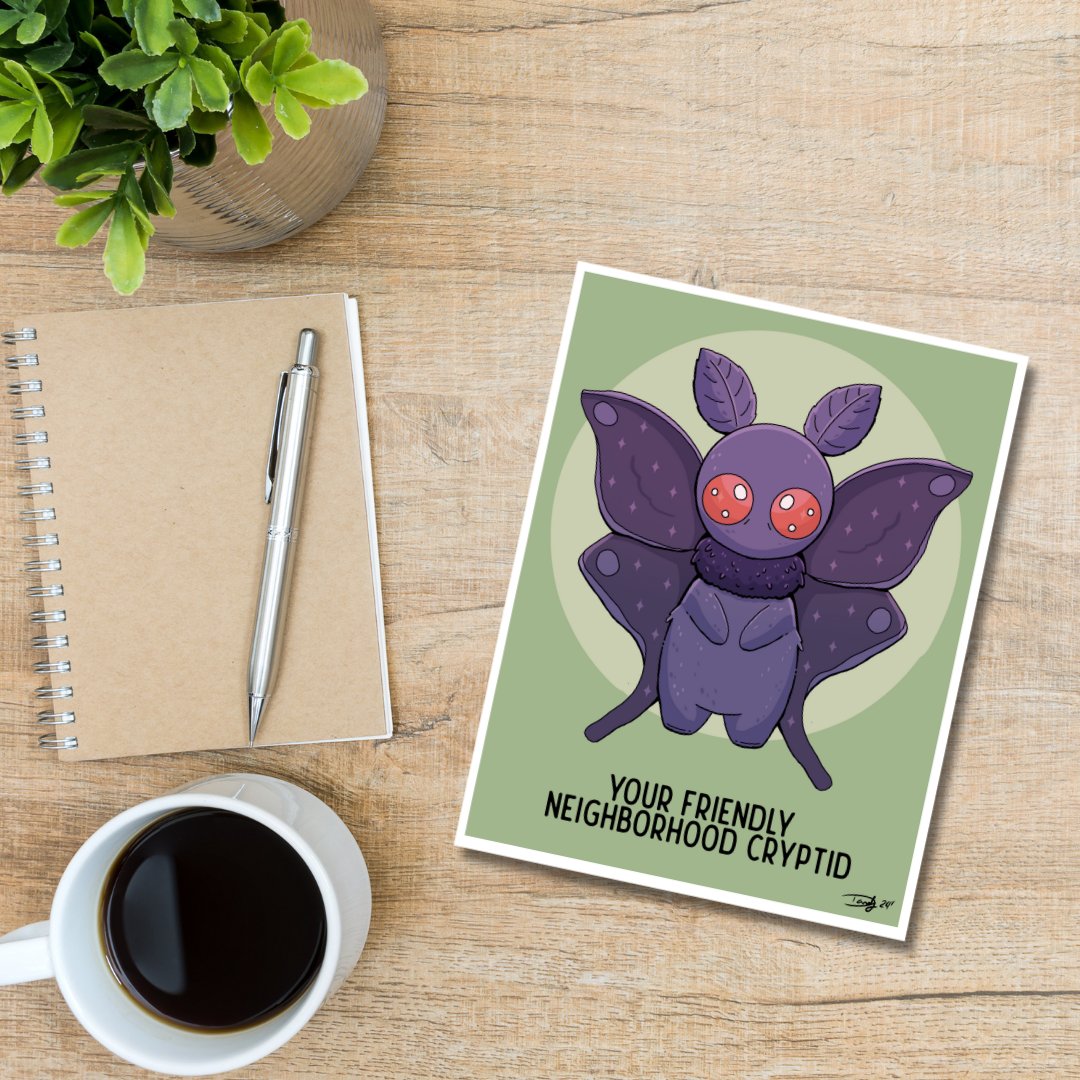 Whimsical art prints feature a chibi mothman print