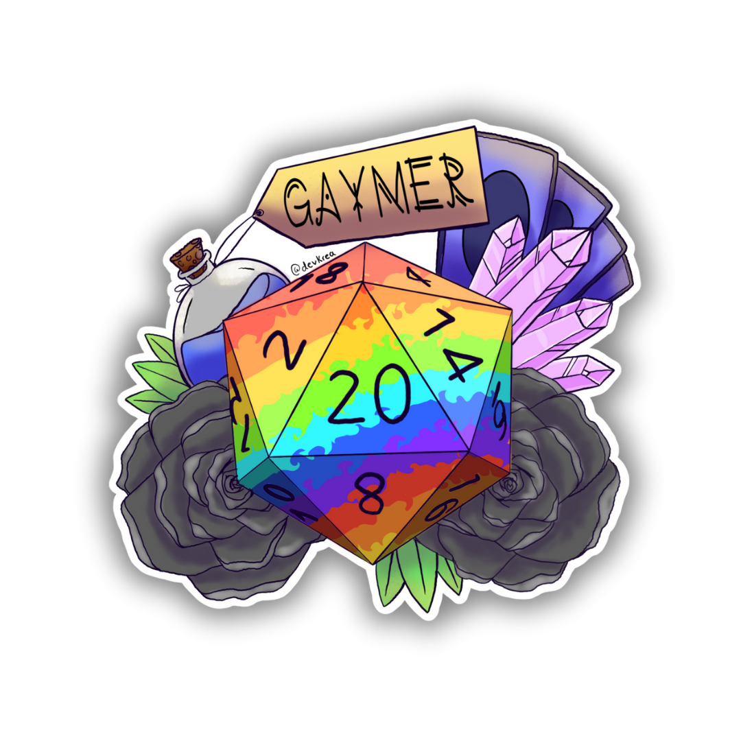 Pride Gaymer Dice Sticker | 3" | Deviant Kreations - Deviantkreations - crystal, cute, d20, dice, gamer, gay, gaymer, gift, laptop, lgbtq, Pride, rose, skateboard, sticker, Stickers, tarot, vinyl, waterbottle