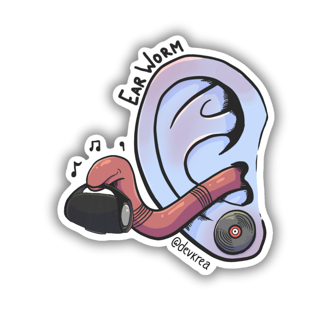 Earworm 3" Sticker | Deviant Kreations - Deviantkreations - music, neuro, pun, sticker, Stickers, worm