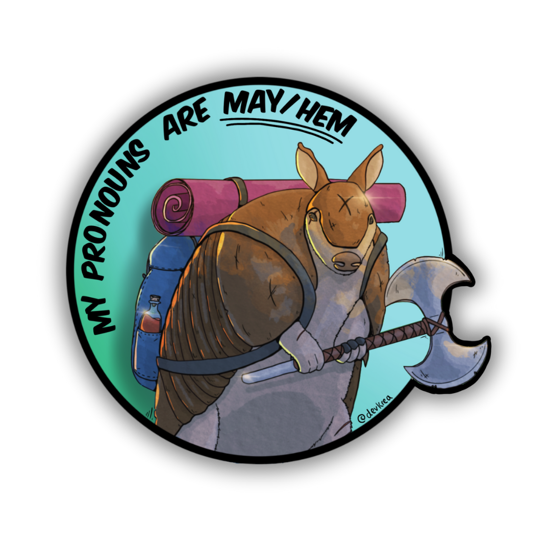 May / Hem 3" Sticker | Deviant Kreations - Deviantkreations - animal stickers, armidillo, fantasy, lgbtq, sticker, Stickers, TTRPG