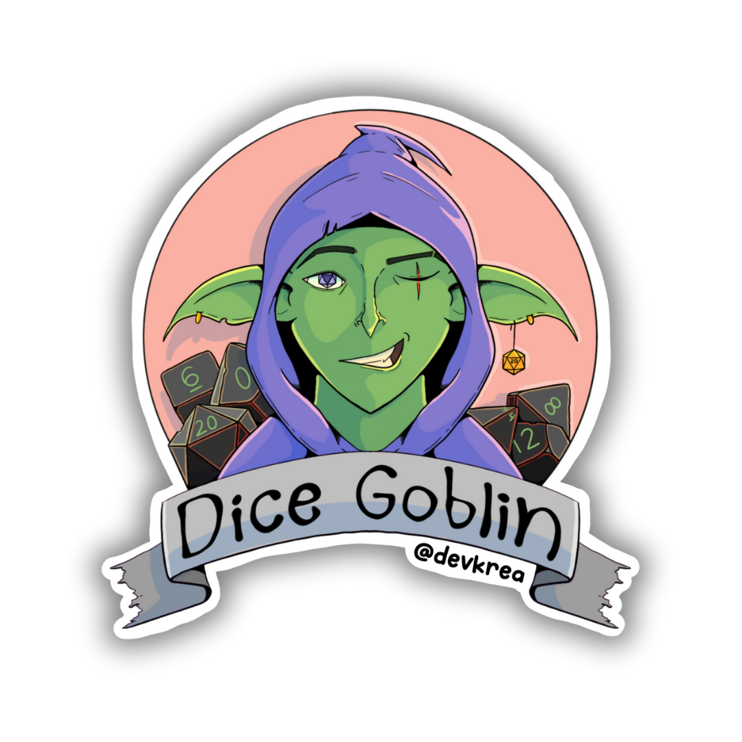 Dice Goblin Sticker | 3" | Deviant Kreations - Deviantkreations - dice, DnD, fantasy, goblin, sticker, Stickers, TTRPG
