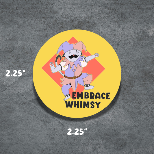 Embrace Whimsy | 2.25" Button | Deviant Kreations | Jester cat whimsical hand drawn pinback button art