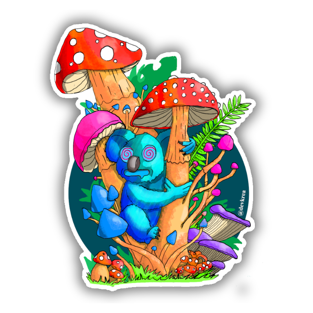 Trippy Koala Art Sticker | 3" | Deviant Kreations - Deviantkreations - animal sticker, colorful, cool, cute, deviantkreations, devkrea, gift, koala, laptop, mushroom, sticker, Stickers, trippy, waterbottle
