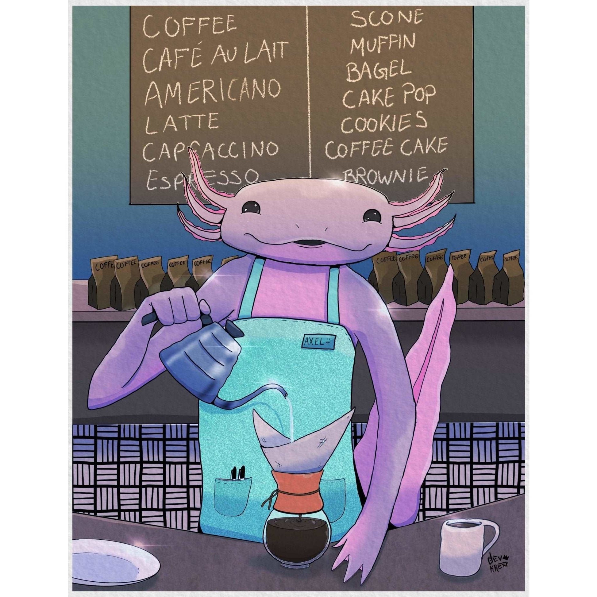 Axolotl Barista Art Print | DevKrea - Deviantkreations